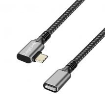 USB 3.2 Gen2 Type-C -kaapeli, C/M 90° USB-C/F, PD, alumiini, musta/harmaa, 0,5 m