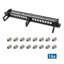 19" 16-porttinen Cat.6A keystone-paneeli, 3 kaapelirengasta, 16 kpl keystone-moduulia