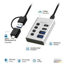 USB 3.2 Gen 1 -hub, 4 porttia kaapelilla/sovittimella, USB-A/C, virtakytkimellä
