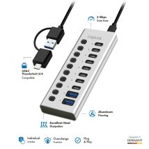 USB 3.2 Gen1 -hub, 10 porttia kaapelilla/sovittimella, USB-A/C, virtakytkin, alumiinia